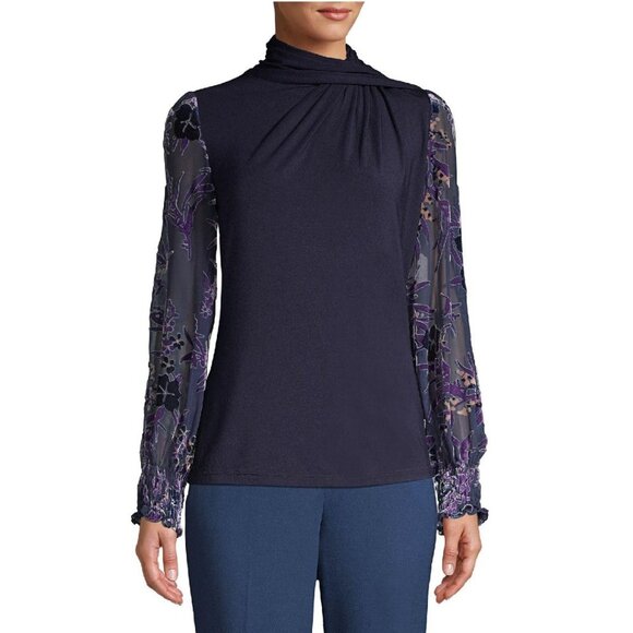 Elie Tahari Carrie Mock-Neck Sheer Blouse - Picture 1 of 10